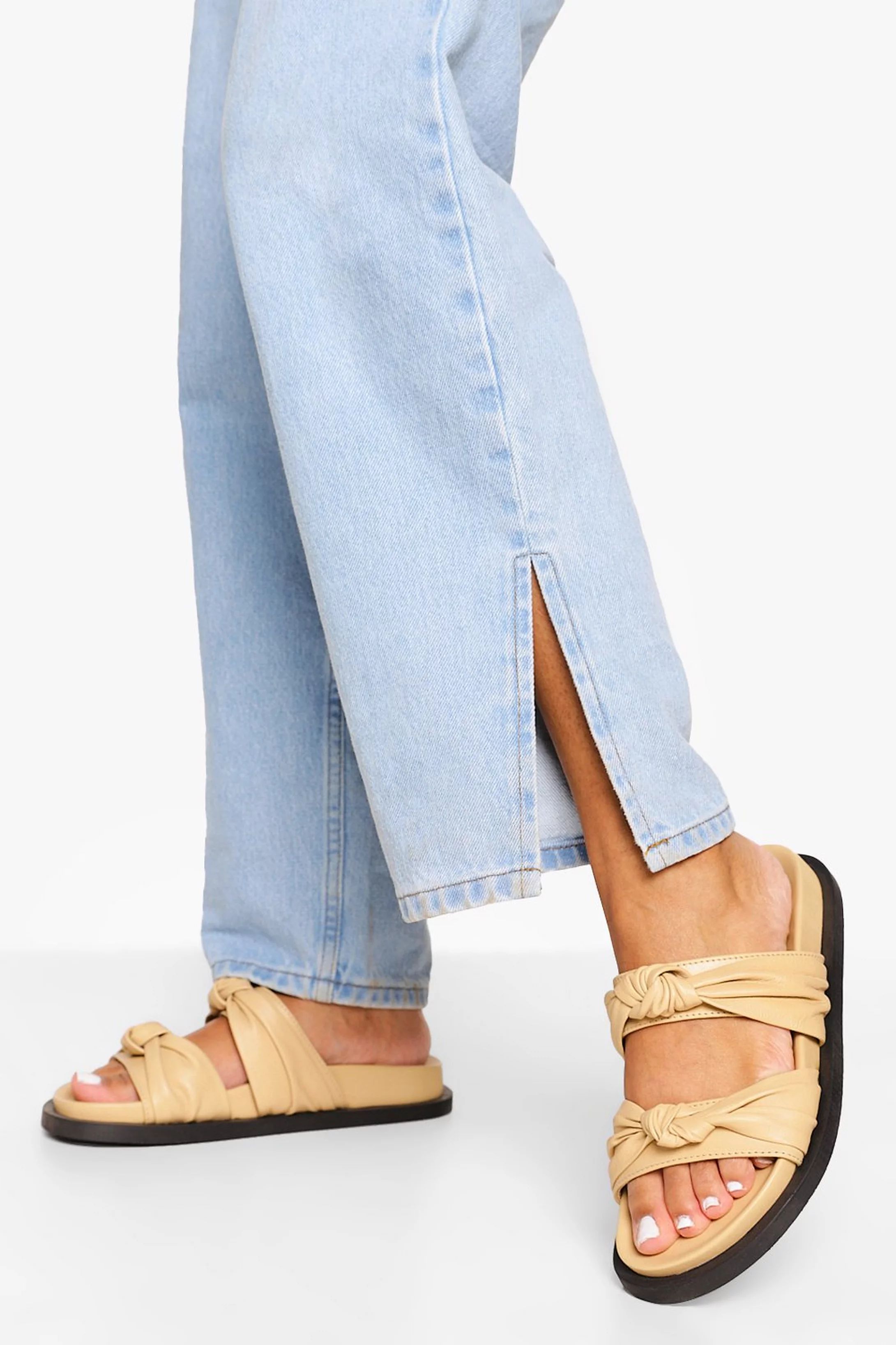 Leather Knot Detail Double Strap Footbed Slid | Boohoo.com (US & CA)