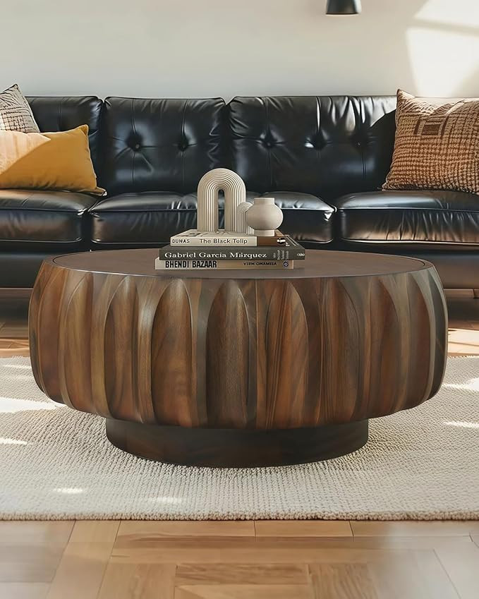 31.5" Drum Coffee Table Modern Unique Fluted Tea Table Contemporary Wood Round Coffee Table with ... | Amazon (US)