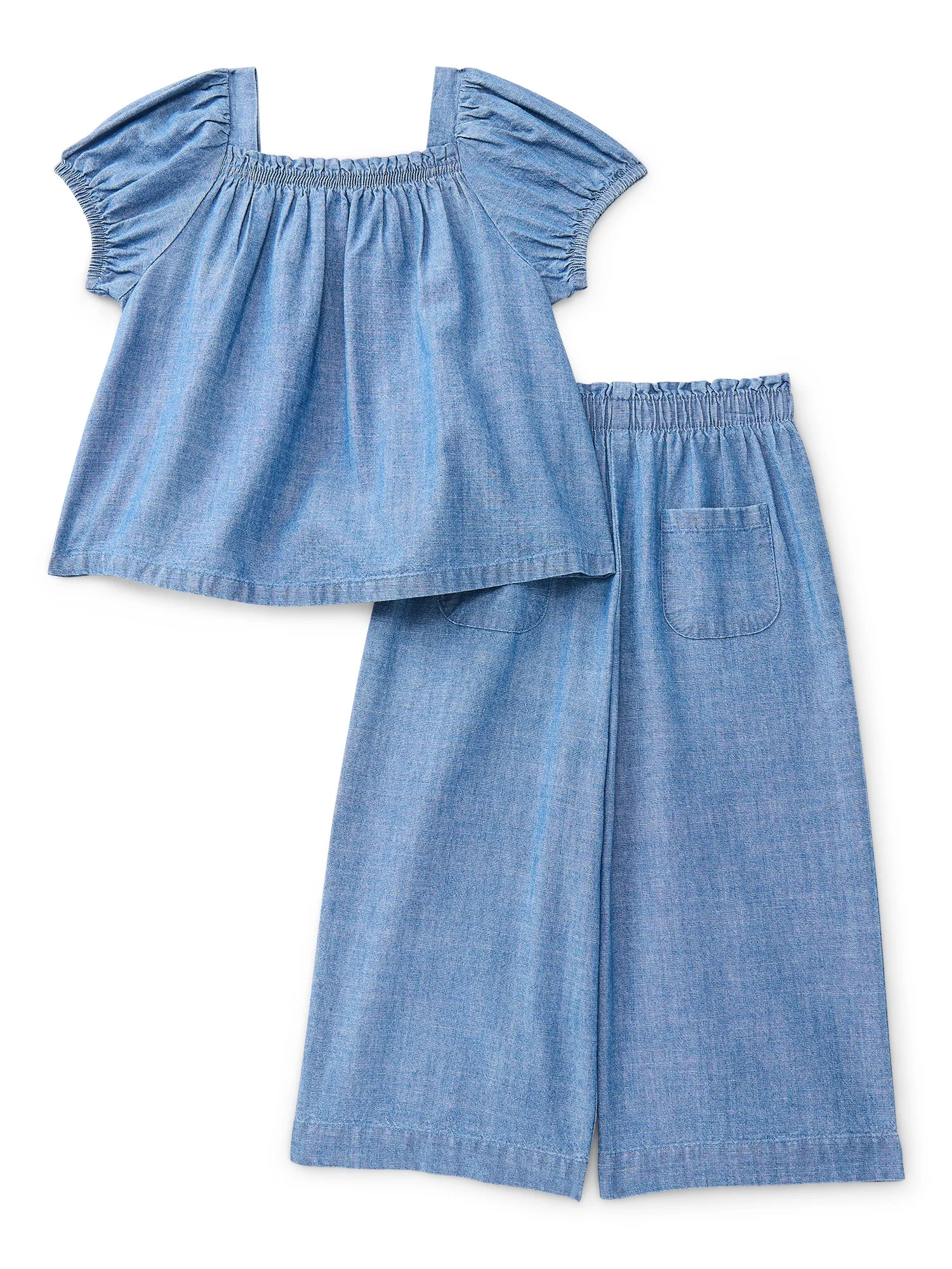 Wonder Nation Toddler Girls' Denim Top and Wide Leg Pants Set, 2-Piece, Sizes 12M-5T | Walmart (US)