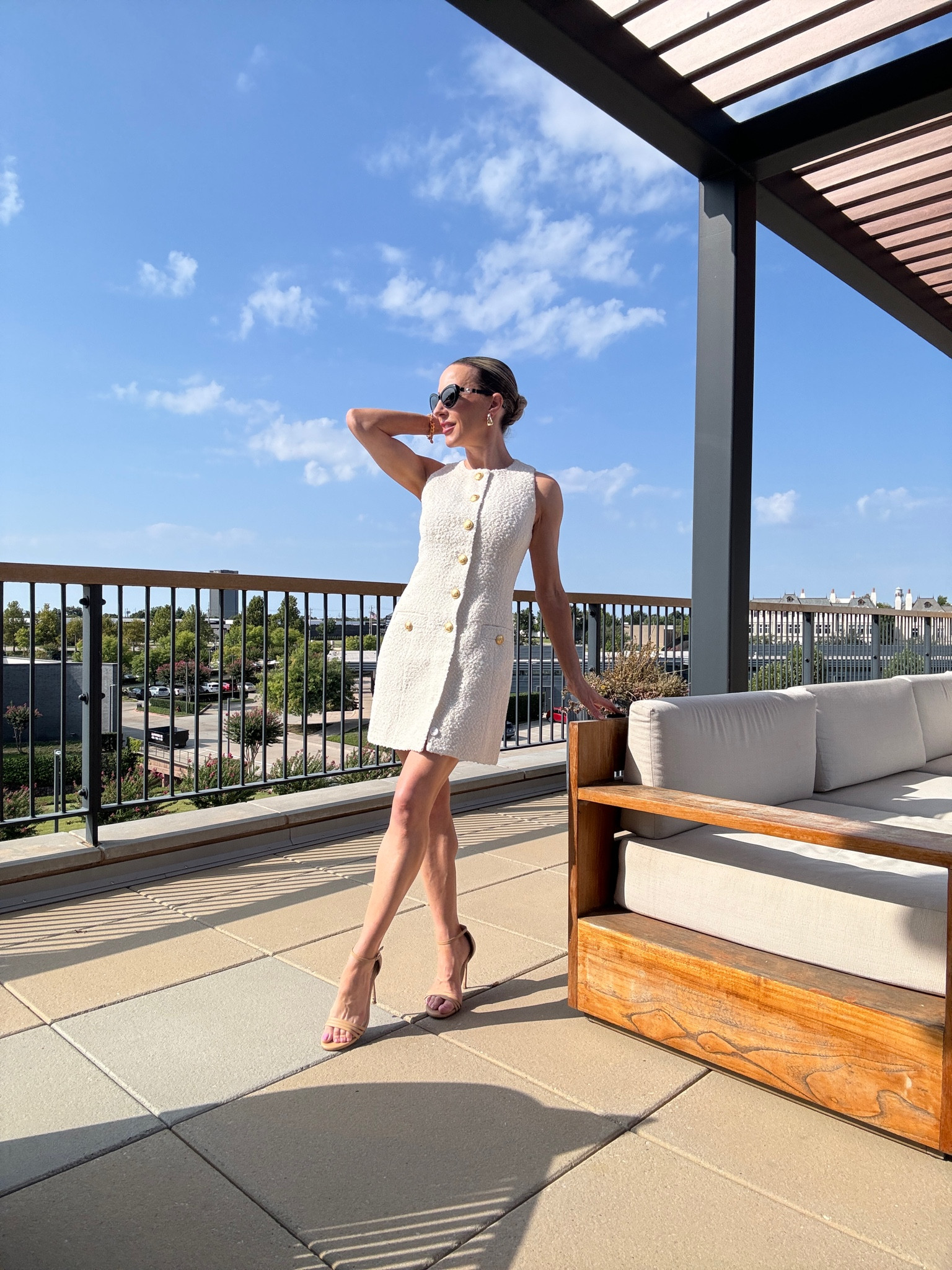 Brunch outfit / workwear outfit / Office outfit : cream bouclé & gold button mini dress, nude strappy heels, big gold earrings & nude gloss. 

#revolve #revolveme #lacademie #brunchoutfit #ootd #outfitreels #fashionreels 

#LTKStyleTip #LTKParties #LTKSeasonal