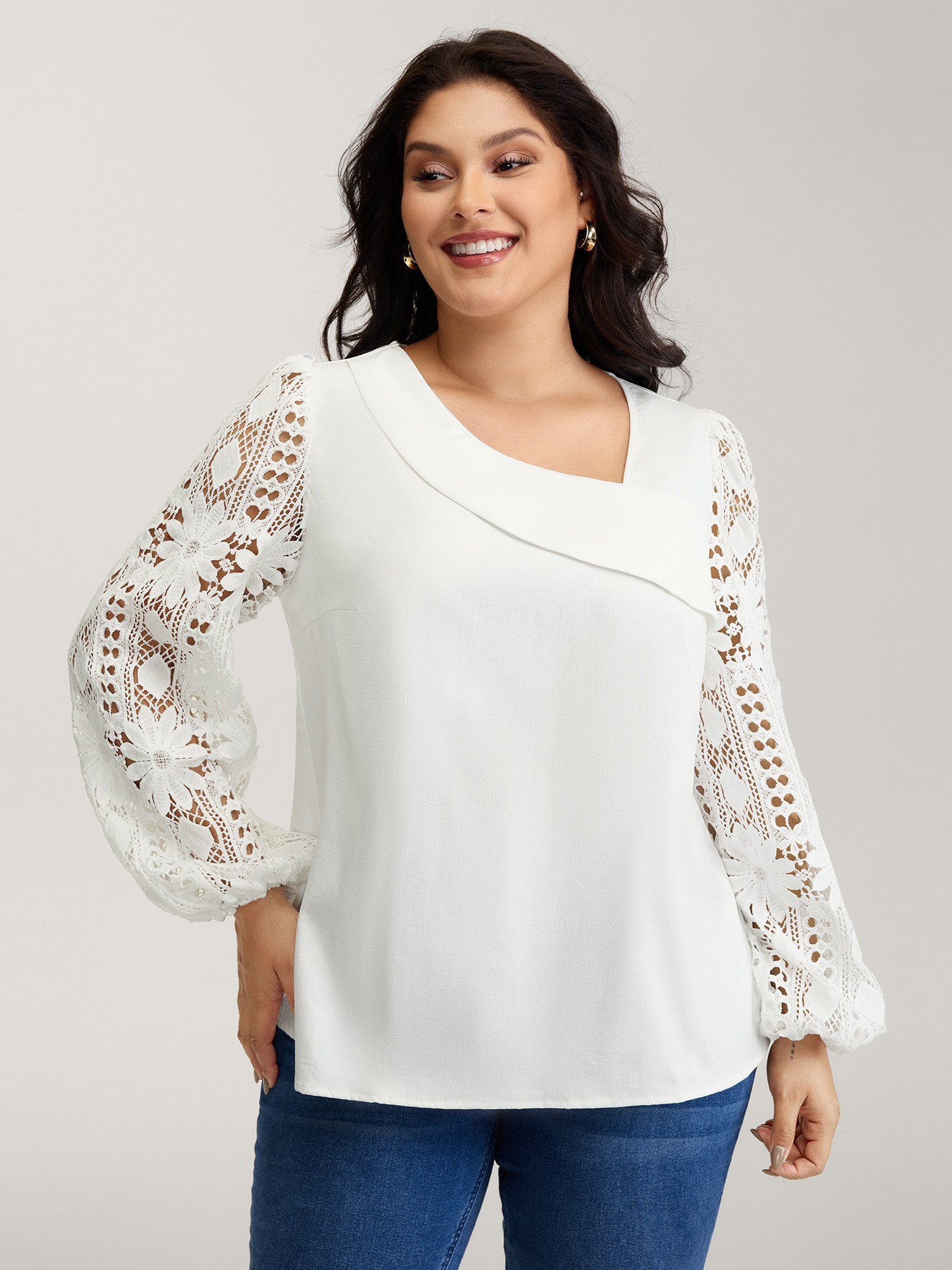 Sheer Lace Sleeve Asymmetrical Neckline Blouse | Bloomchic
