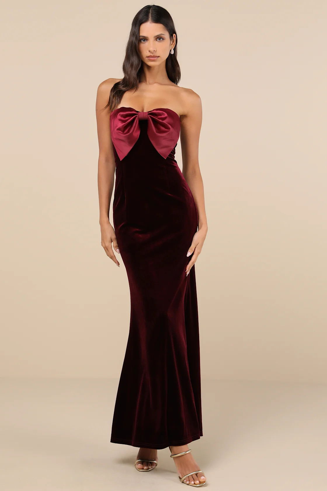 Dramatic Stunner Burgundy Velvet Bow Strapless Maxi Dress | Lulus
