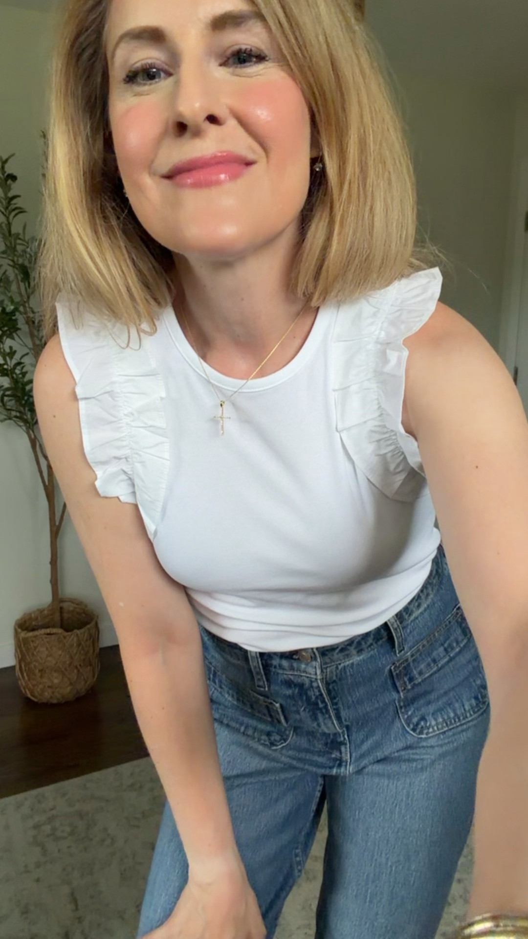 Ruffle detail tops have been very popular, come in navy or white. I’m in a small here. #walmartfashion

#LTKOver40 #LTKSeasonal