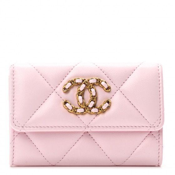 CHANEL Shiny Goatskin Quilted Chanel 19 Flap Card Holder Light Pink | Fashionphile