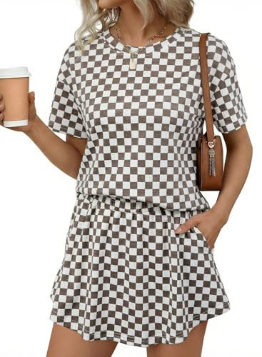 BLENCOT 2 Piece Matching Sets for Women Fashion Checkered Loungewear Pajamas Outfits Lounge Shorts Skirt Set with Pockets Khaki M | Amazon (US)