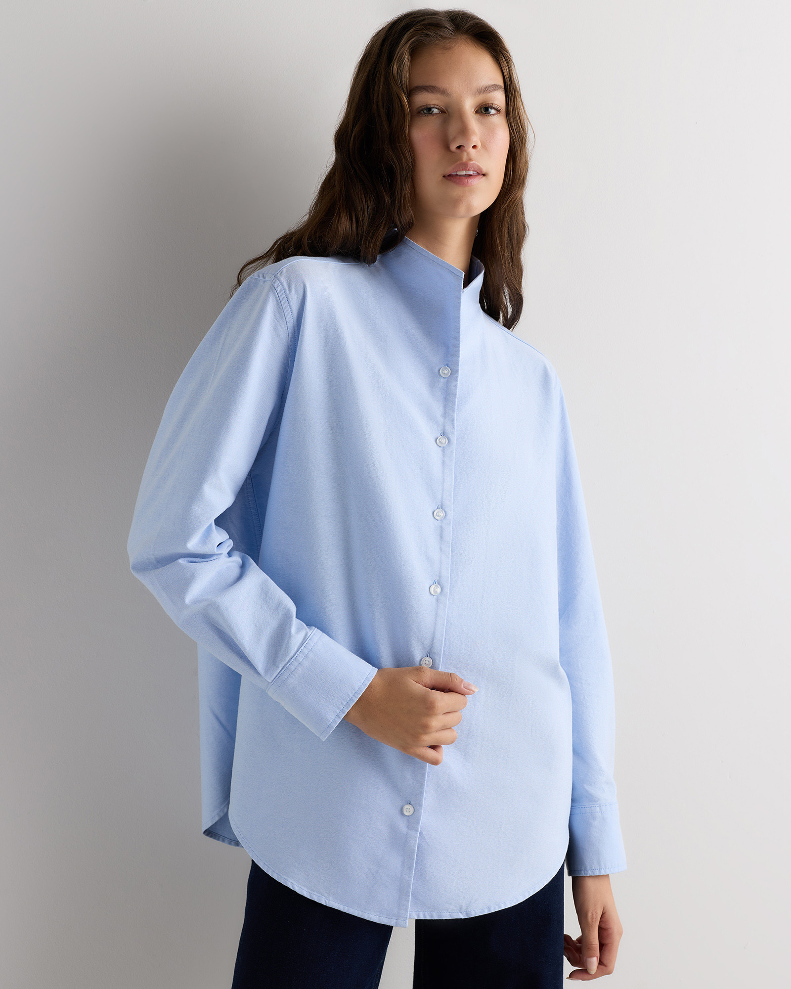 Quince | Women's Oxford Stand Collar Shirt in Pale Blue, Size Small, Organic Cotton | Quince
