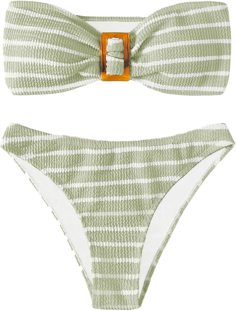 Amazon.com: GORGLITTER Women's Strapless Bandeau Swimsuits 2026 Striped High Waisted Thong Bikini... | Amazon (US)