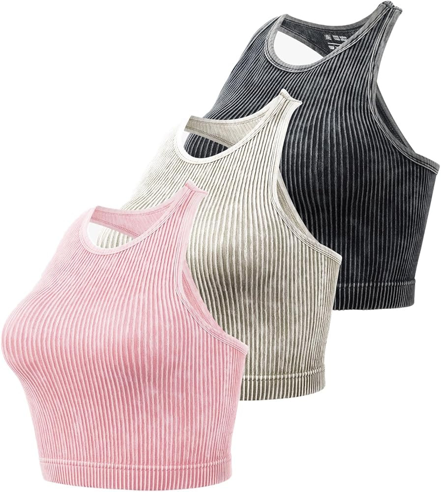 Women's Seamless Ribbed Workout Crop Tank Top,Slim Fit Short Scoop Neck Racerback Tank Tops,Sport... | Amazon (US)