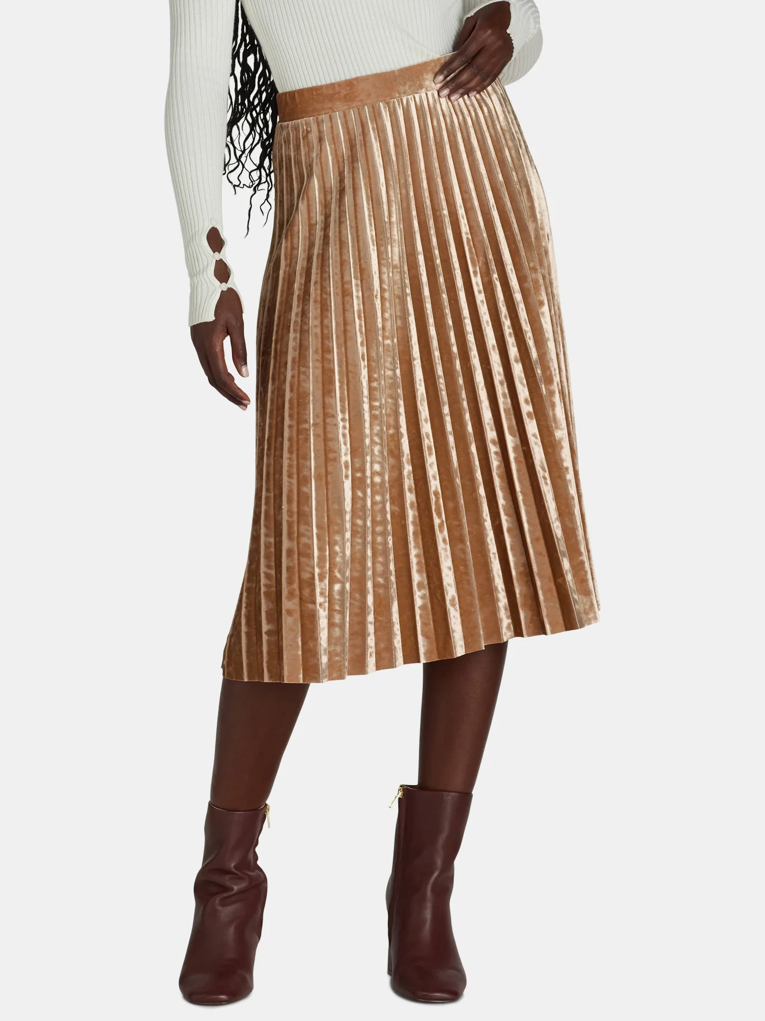 Time and Tru Women's Velvet Pleated Midi Skirt, Sizes XS-XXXL | Walmart (US)