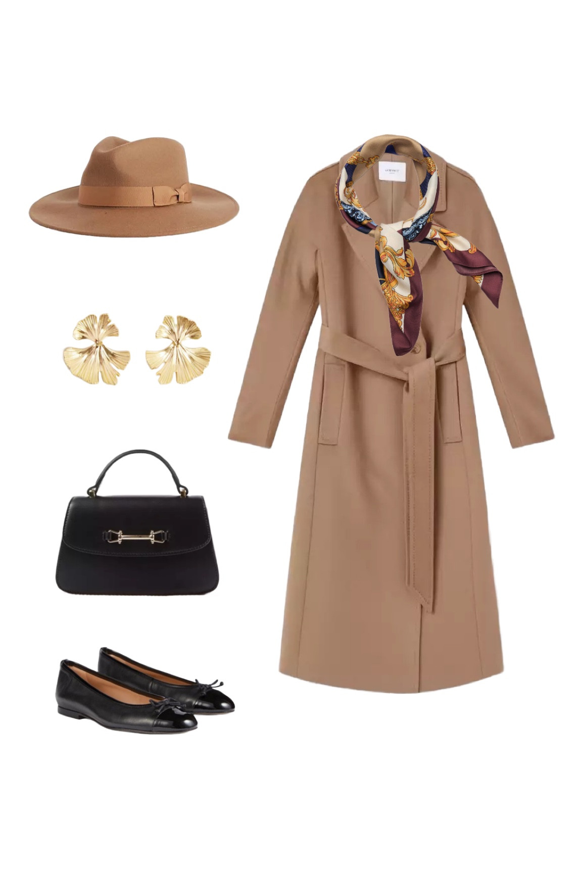 Audrey Hepburn 1960s style. Team this stunning Frances maxi wool camel belted coat by LK Bennett London, plus their Kara black leather / patent toe-cap ballerina flats and the new Amoris black leather top handle bag with a sassy camel Fedora hat by Bonita at Selfridge’s and 2 bargain finds - classy gold Octavia earrings by Hobbs and a satin silk effect scarf, both are a steal!! Imagine without the scarf and you’ll realise what a difference a neck with detail makes! Hope you like! L K Bennett 15% discount code REBECCALIPKINAUTHOR15 

#LTKautumn #LTKshoes #LTKuk