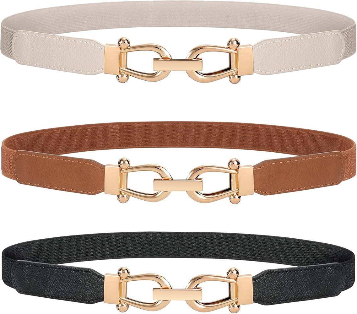 JASGOOD Women Stretchy Waist Belt Retro Elastic Skinny Belt for Ladies with Gold Buckle | Amazon (US)