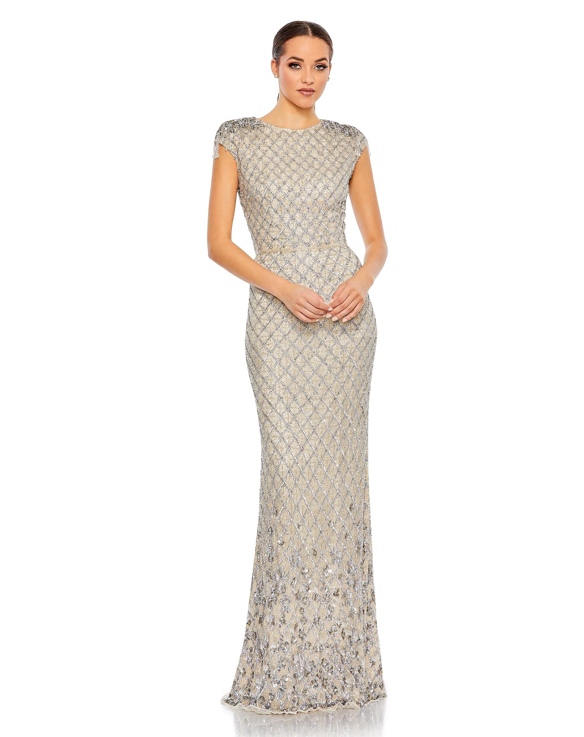 Embellished Crystal Cap Sleeve Column Gown | Mac Duggal