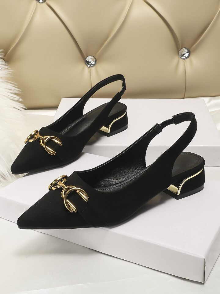 Women Metal Decor Point Toe Slingback Flats, Elegant Black Faux Suede Ankle Strap Pumps | SHEIN