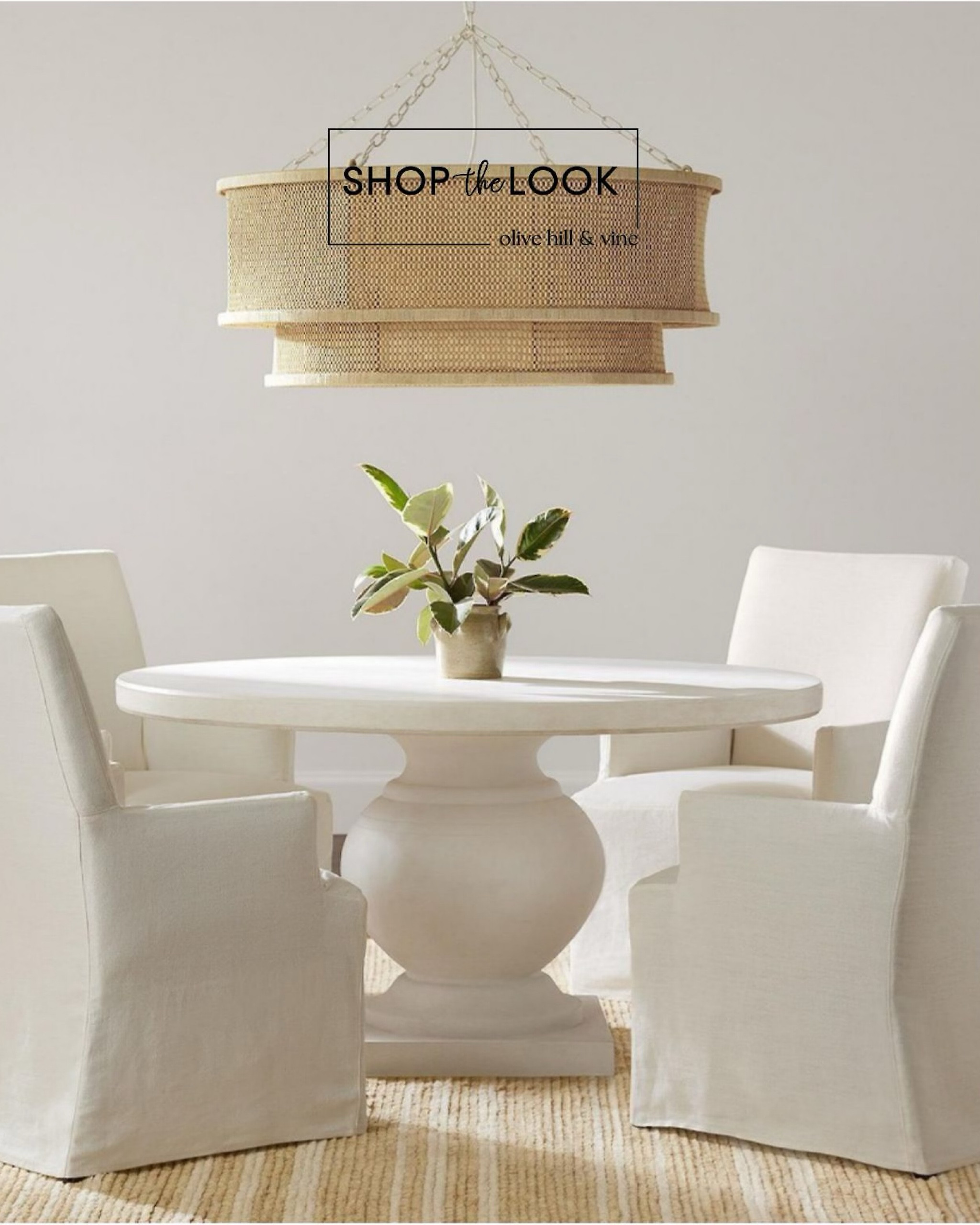 Welcome to the hub of dining delight! Let the rattan chandelier be your glow-up guru, adding that touch of earthy charm. Sit around the chic pedestal table where chats flow smoother than gravy, and these slipcovered chairs? They're basically the VIP section of comfy dining experiences! 

#LTKstyletip #LTKhome #LTKfamily