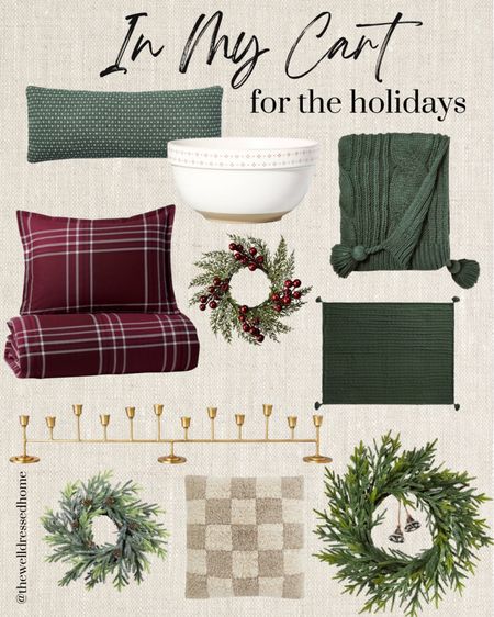 What’s in my cart for the holiday decorating | checkered pillow, plaid comforter, small wreaths, brass candle holder, dark green throw pillow, bells, Christmas bells, vintage bells