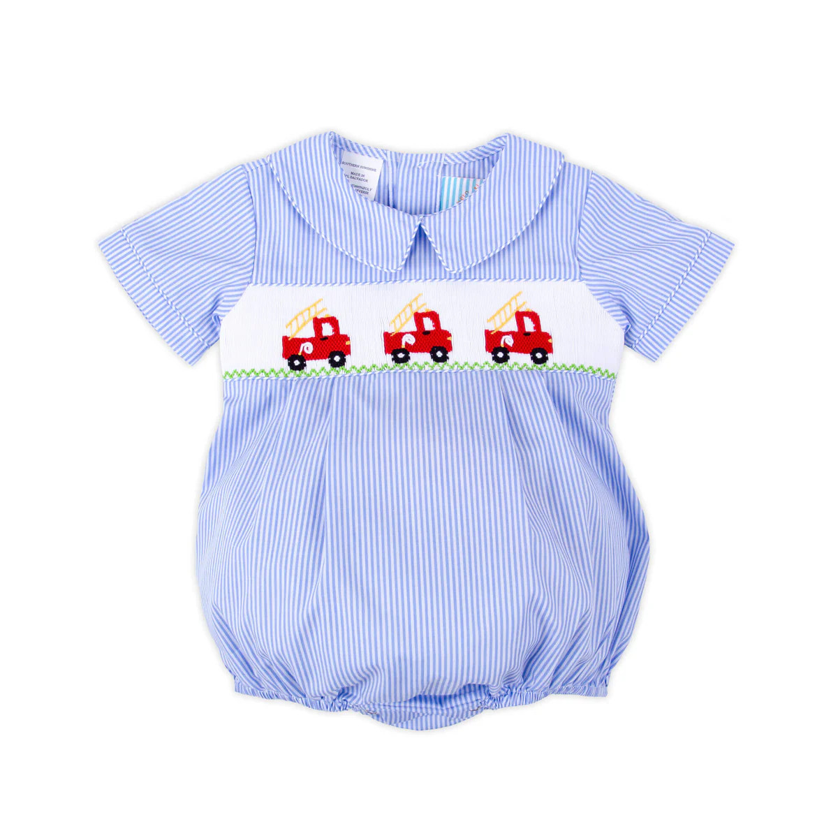 Fire Truck Light Blue Stripe Smocked Collared Bubble | Classic Whimsy