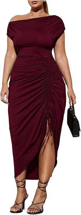 Floerns Women's Plus Size Off The Shoulder Sexy Midi Dress Drawstring Ruched Slit Party Bodycon C... | Amazon (US)