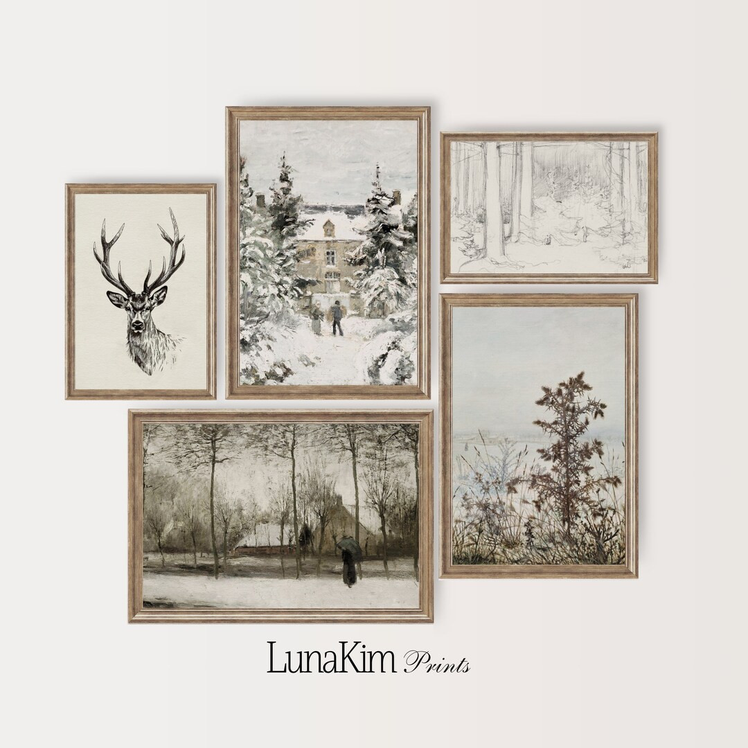 Vintage Winter Gallery Set of 5 Prints Winter Landscapes Deer Sketch Forest Scene Earthy Neutral ... | Etsy (US)