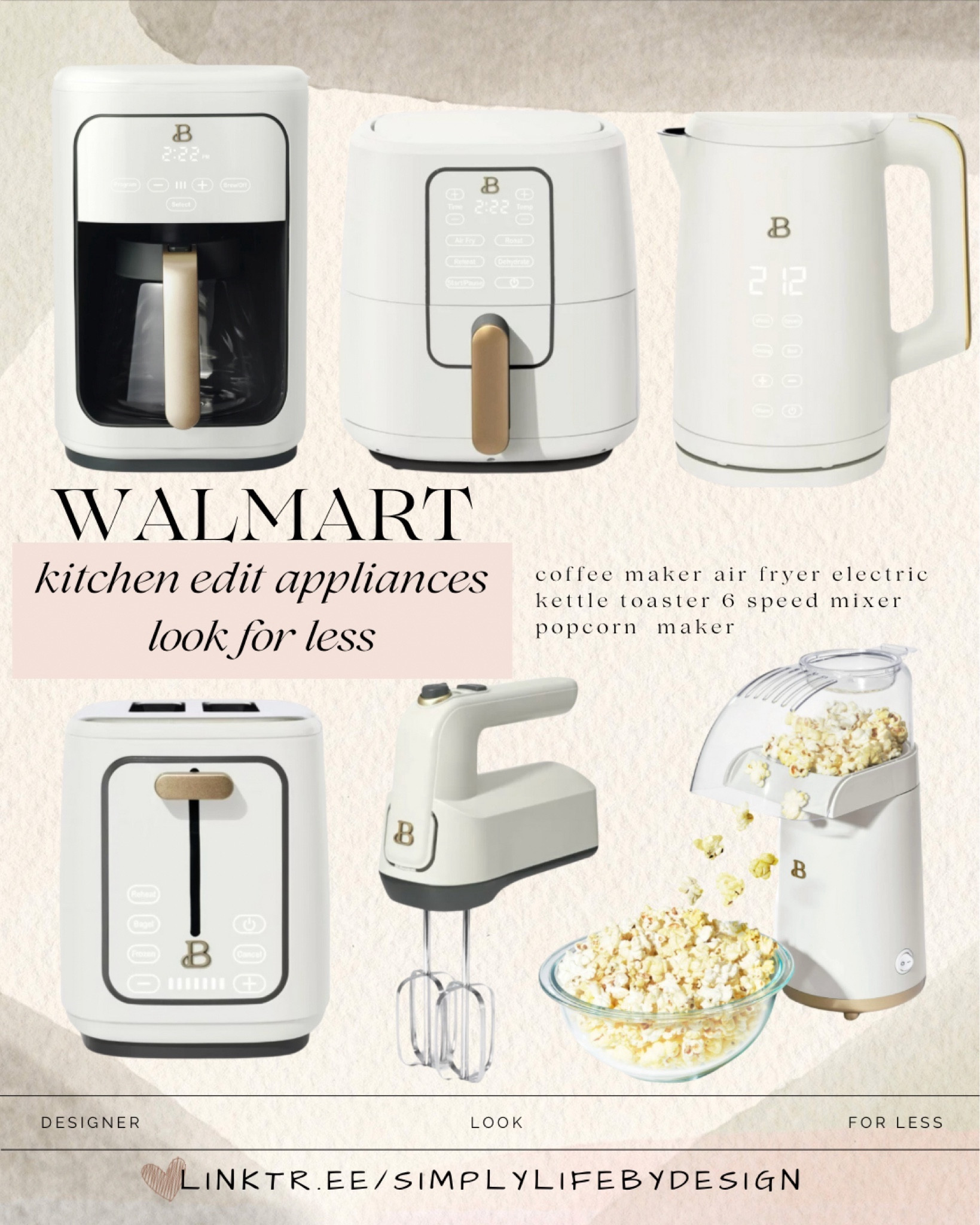 Walmart kitchen edit beautiful appliances. Designer look for affordable prices. Coffee maker, air fryer, kettle, toaster, hand mixer, + popcorn maker  

#LTKsalealert #LTKhome #LTKfindsunder50
