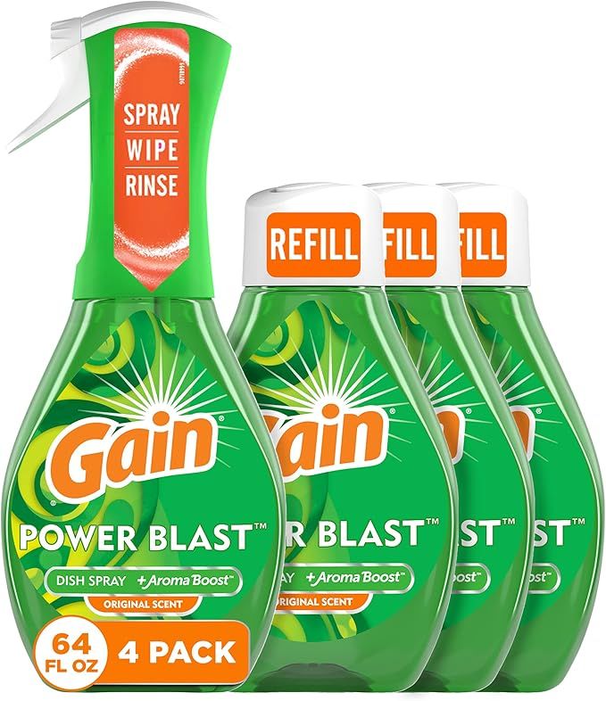 Gain Powerblast Dish Spray, Dish Soap, Original Scent Bundle, 1 Spray (16oz) + 3 Refills (16oz ea... | Amazon (US)