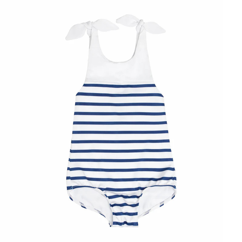 girls breton stripe tie knot one piece | minnow