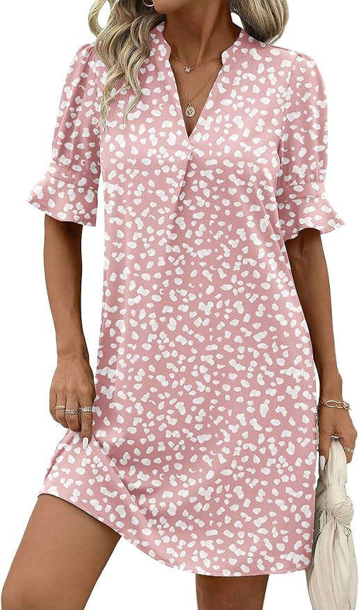 Zeagoo Summer Dresses for Women 2026 V Neck Ruffle Sleeve Casual Shift Dress Hawaiian Sundress Be... | Amazon (US)