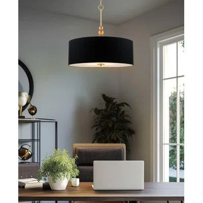 Modern 3-Light Drum Pendant Chandelier With Adjustable Height, Black Fabric Shade, And Tempered Glass Diffuser In Warm Brass Finish | Wayfair North America