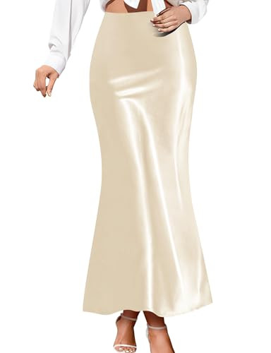 AURUZA Maxi Satin Skirts for Women Trendy, High Waisted Womens Long Skirts, Elegant Zipper Flared Elastic A-line Silk Skirts (Beige, Small) | Amazon (US)