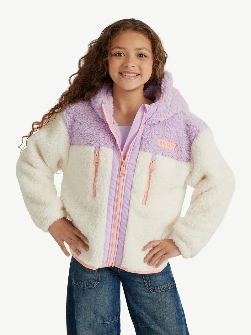 Justice Girl's Colorblock Sherpa Jacket with Hood, Sizes XS - XL | Walmart (US)