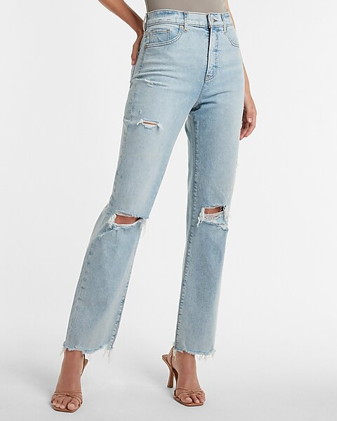Super High Waisted Ripped Raw Hem Modern Straight Jeans | Express