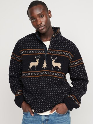 Oversized Patterned Sherpa Quarter-Zip Sweatshirt for Men | Old Navy (US)