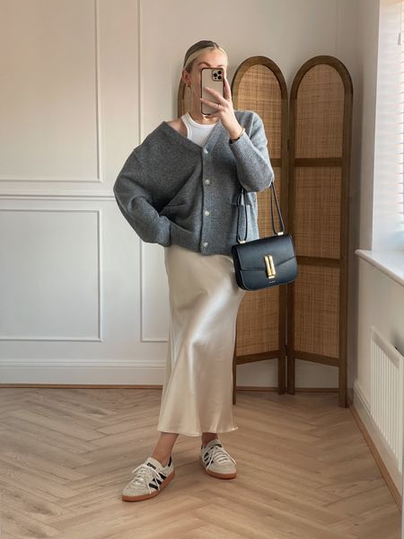 White tank top, button up knit cardigan, maxi beige silk skirt, suede trainers, crossbody bag

#LTKSeasonal #LTKstyletip #LTKeurope