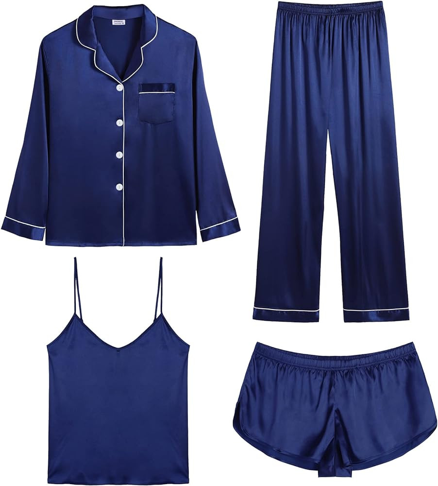 SWOMOG Women Satin Pajamas 4pcs Pajama Set Sexy Cami Shorts Set and Button Down Long Sleeve Pjs L... | Amazon (US)