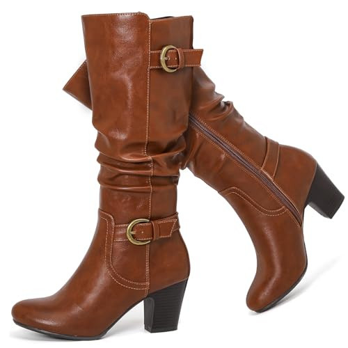 Ruiee Women's Slouchy Knee High Boots with Chunky Heel, Pointed Toe, Comfortable and Fashionable for Fall and Winter Wear for Women.230301 Brown LPU Size9.5 | Amazon (US)