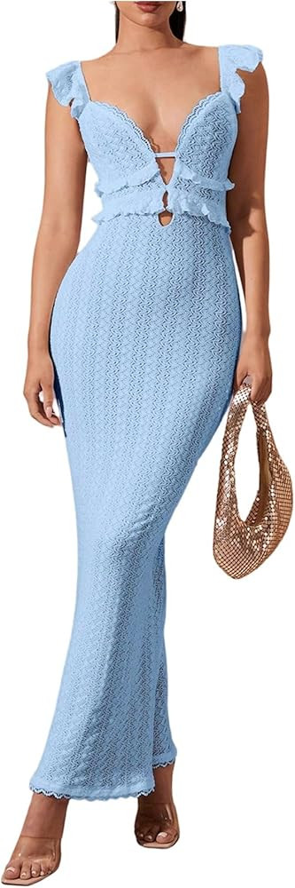 SOLY HUX Women's Maxi Dress Crochet Ruffle Sleeveless Backless Bodycon Long Dresses | Amazon (US)
