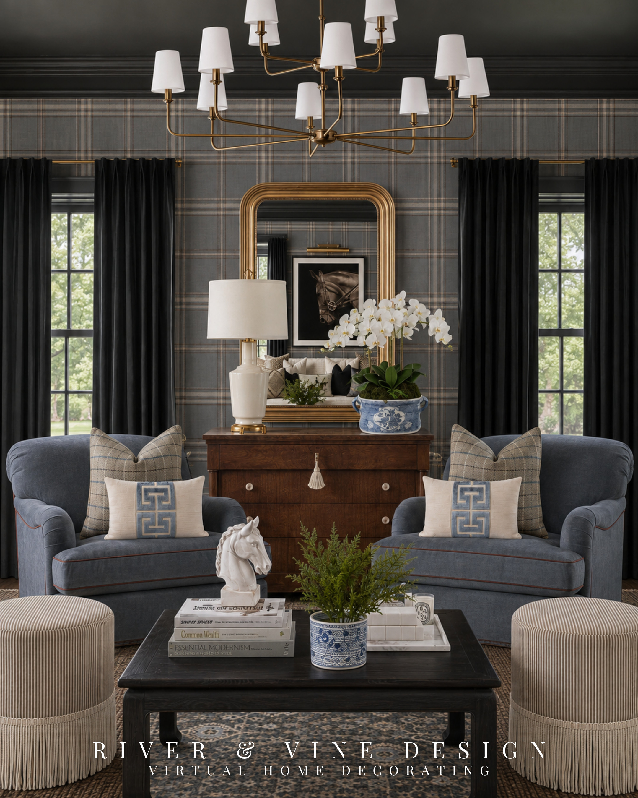 You bought two accent chairs, placed a small table between them—and the entire wall still looks awkwardly empty.

For a wider wall, skip the undersized table and use a dresser or chest to give the chairs enough visual weight. Here, the warm wood dresser grounds the two blue chairs, while the tall brass mirror fills the wall vertically and reflects the finished sofa side of the room.

One oversized lamp and a blue-and-white orchid arrangement create an intentionally asymmetrical surface without cluttering every inch. The matching plaid pillows connect the chairs to the wallpaper, and the smaller Greek key pillows repeat the room’s blue without blending into the upholstery. Tap to see the pieces for recreating this complete accent-chair arrangement.

accent chairs with dresser between, blue accent chairs living room, dresser used as living room console, brass mirror over dresser, traditional living room layout, blue and brown living room, plaid accent pillows, classic equestrian decor

I may receive a commission from purchases made through my links. 

 #LTKHome