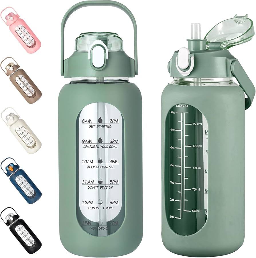 kytffu 64oz Glass Water Bottles with Straw, Half Gallon Motivational Glass Bottle with Silicone S... | Amazon (US)