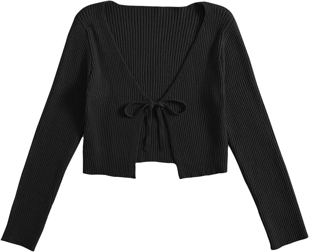 Floerns Women's Tie Front Long Sleeve Crop Top Rib Knit Coat Cardigan | Amazon (US)