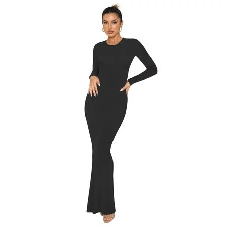 REORIA Women Long Sleeve Bodycon Dress Sexy Crew Neck Ribbed Basic Maxi Dresses Slim Fit | Walmart (US)