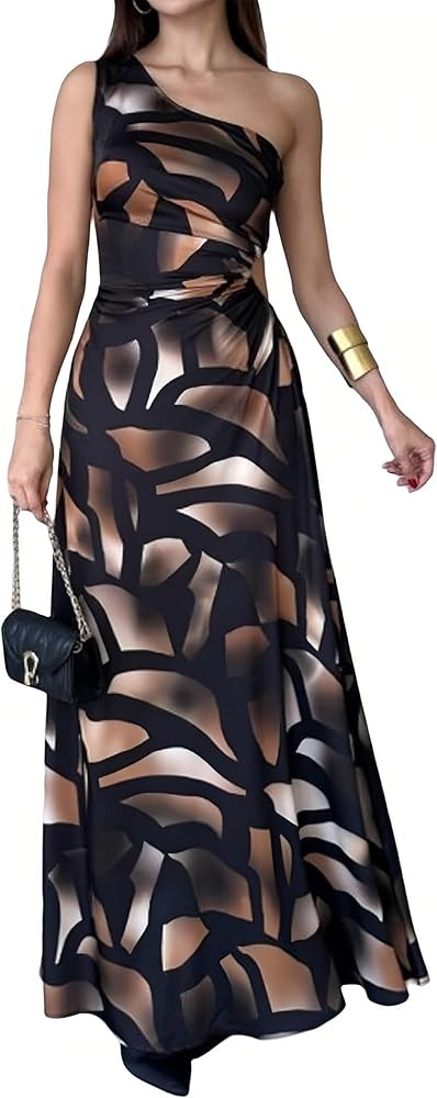 One Shoulder Dress for Women 2025 Summer Print Sleeveless Cut Out Ruched Party Bodycon Maxi Dress... | Amazon (US)