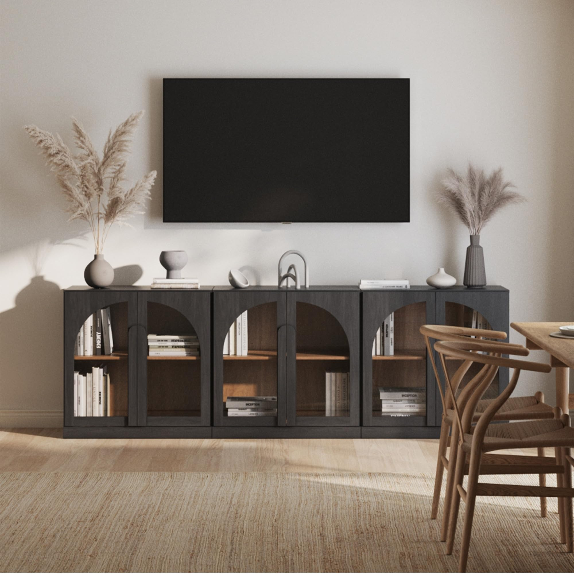 BELLEZE Bijou Set of 3 Modular Sideboard Cabinets (94.5" Extra Long) - 6-Door Media Console TV Stand for 85+ Inch TV - Modern Arched Glass Buffet Credenza for Large Dining Room & Living Area- Ebony | Amazon (US)