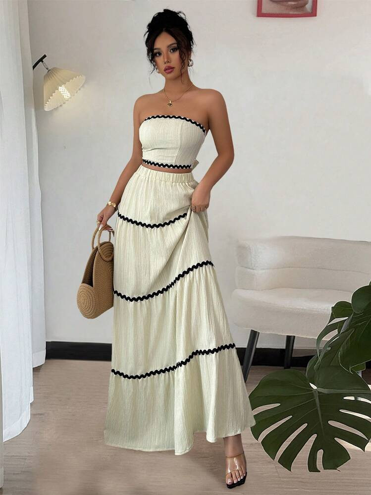 Rafferiza 2pcs/Set Women Elegant Cropped Bandeau Top And Skirt Set | SHEIN