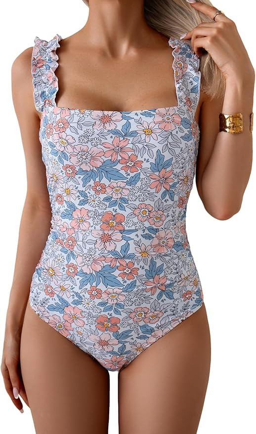 Eomenie Women's One Piece Swimsuit Tummy Control Square Neck Bathing Suit Ruffle Straps Ribbed Sw... | Amazon (US)