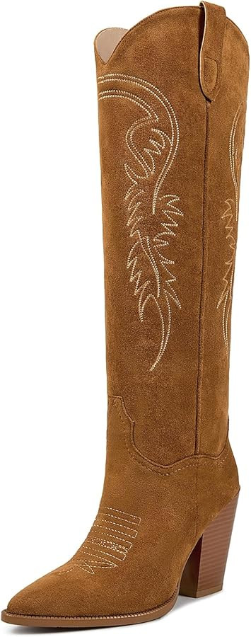 ISNOM Women's Cowgirl Boots Pull On Knee High Boots, Cowboy Western Embroidered Chunky Block Heel... | Amazon (US)