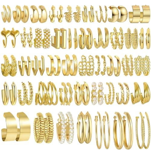 45 Pairs Gold Earrings Set for Women-Chunky Gold Hoop Earrings Multipack Twisted Statement Pearl Earring Pack-Trendy Hypoallergenic Small Big Hoops Earrings for Birthday Party Jewelry Gifts | Amazon (US)
