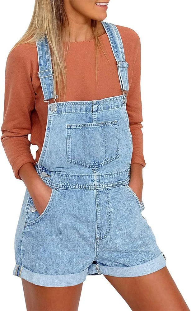 Vetinee Women's Classic Adjustable Straps Cuffed Hem Denim Bib Overalls Shorts | Amazon (US)