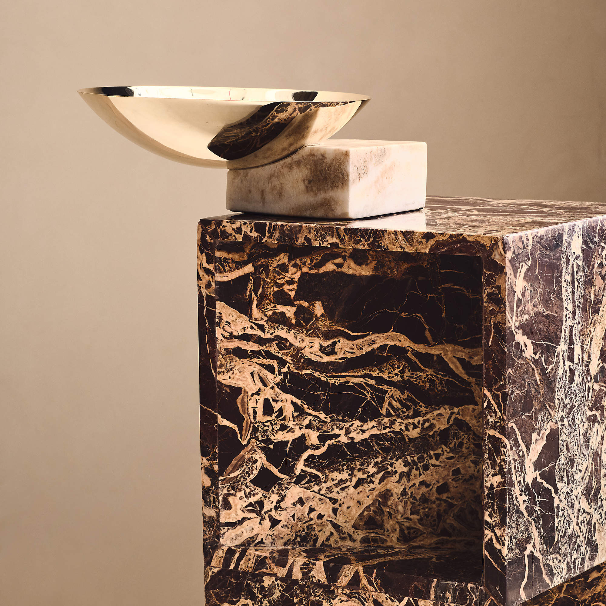 Akri Champagne Gold Stainless Steel and Cream Onyx Low Serving Bowl + Reviews | CB2 | CB2