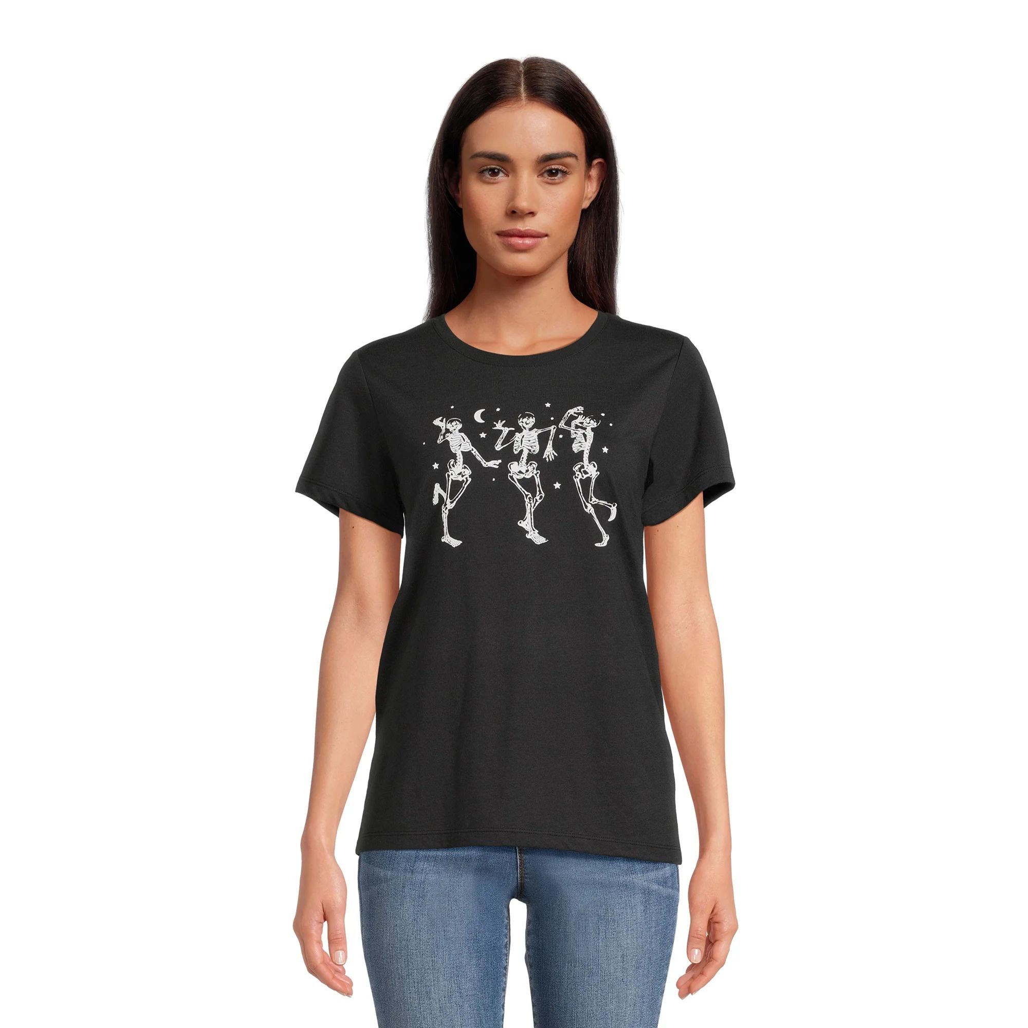 Women's Halloween Skeleton Graphic Tee, Fall Short Sleeve T Shirt from Way to Celebrate, Sizes S-... | Walmart (US)