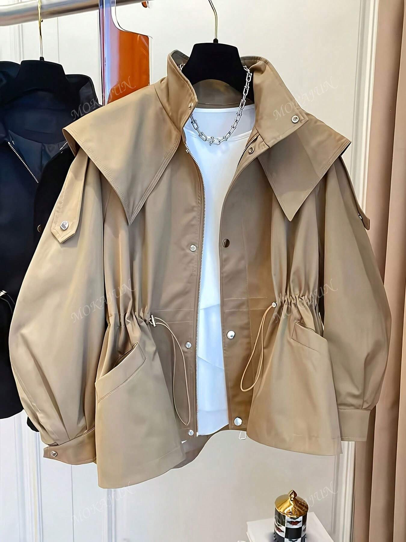 1 Pc Solid Color Woven Fabric Drawstring Pockets Front Button Trench Coat, Casual Spring/Autumn | SHEIN