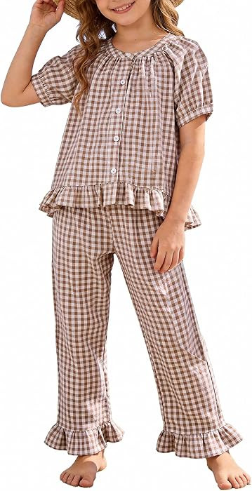 Girls 2 Piece Outfit Cotton Short Sleeve Ruffle Shirt Gingham Pants | Amazon (US)